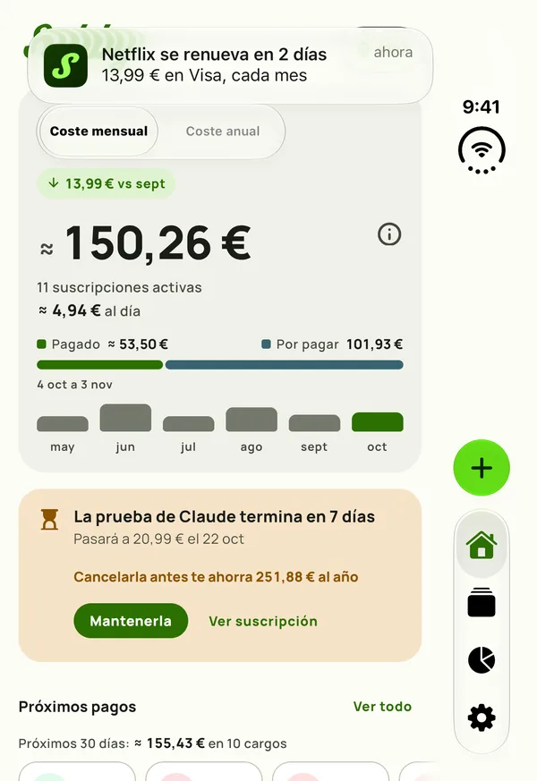 Un recordatorio de Subby en el panel exterior de un iPhone Duo cerrado que dice Netflix se renueva en 2 días, 15,49 € con Visa, cada mes