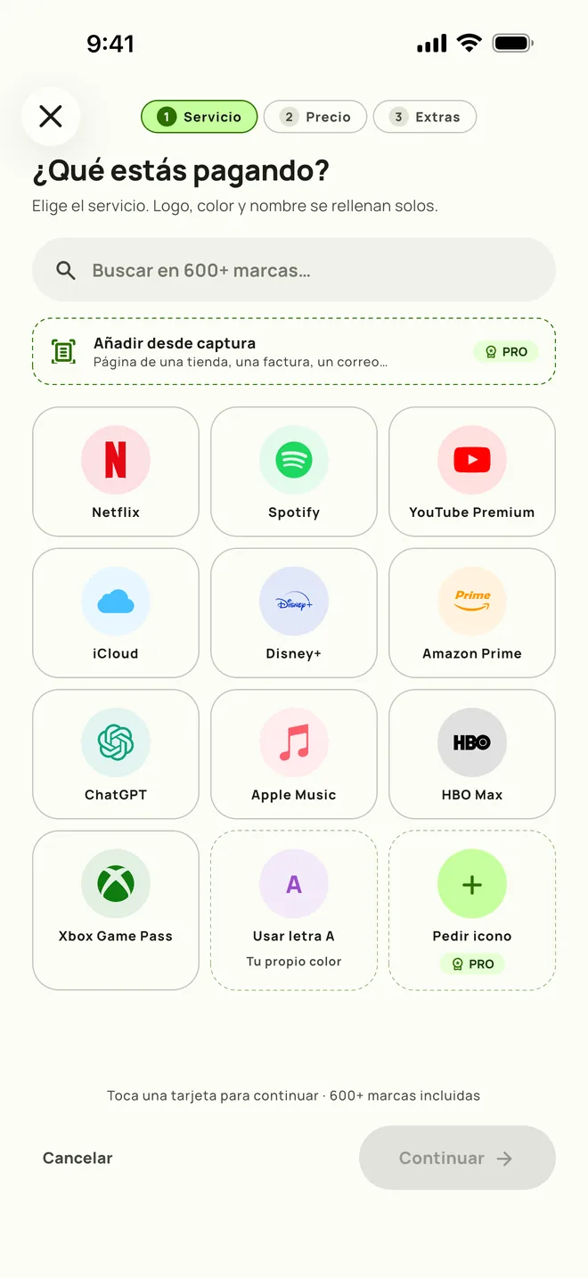 Añadiendo una suscripción en Subby. Primer paso, elegir el servicio, en iPhone