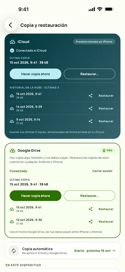 Copia y restauración en Subby para iPhone, con iCloud y Google Drive conectados, las tres últimas copias de iCloud en la lista y la copia automática en diaria