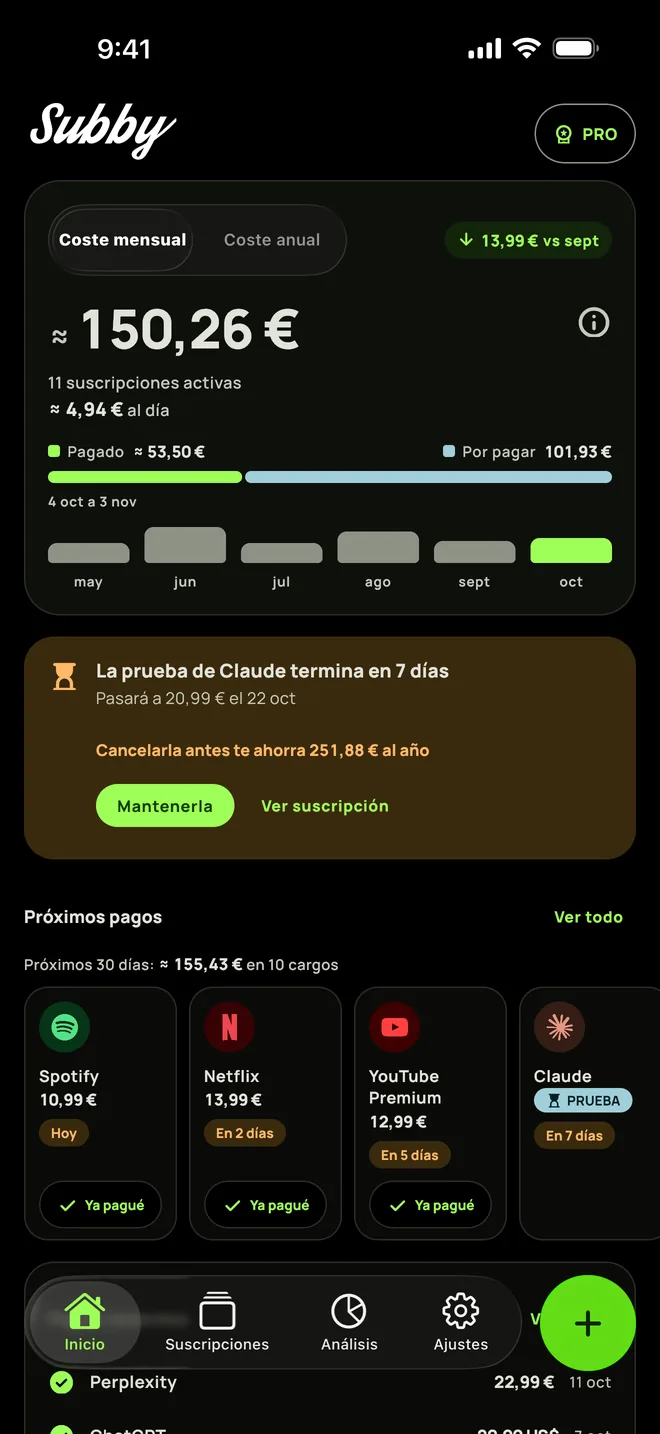 Inicio de Subby en el tema negro puro, con el coste mensual, una tarjeta de prueba que termina en siete días, y los próximos pagos, en iPhone