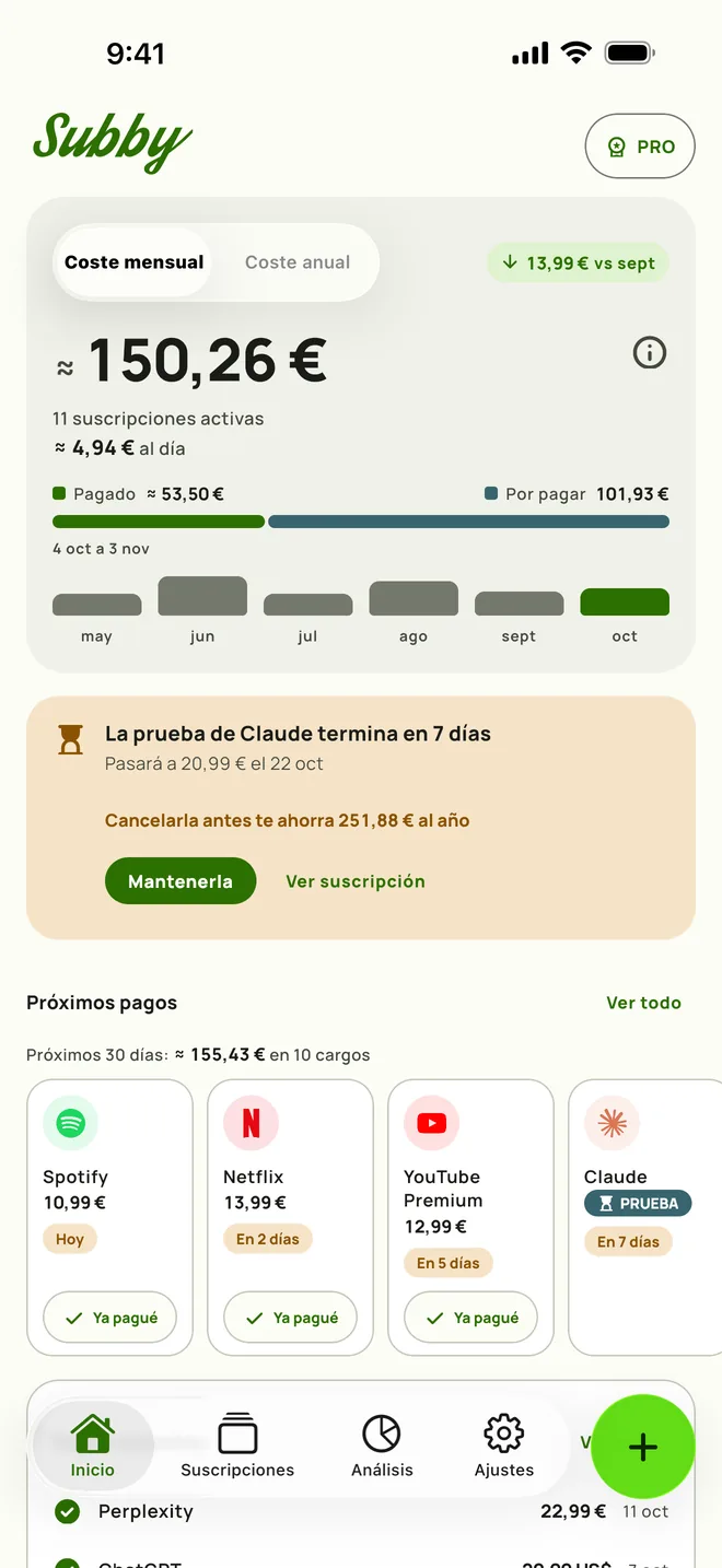 Inicio de Subby en iPhone