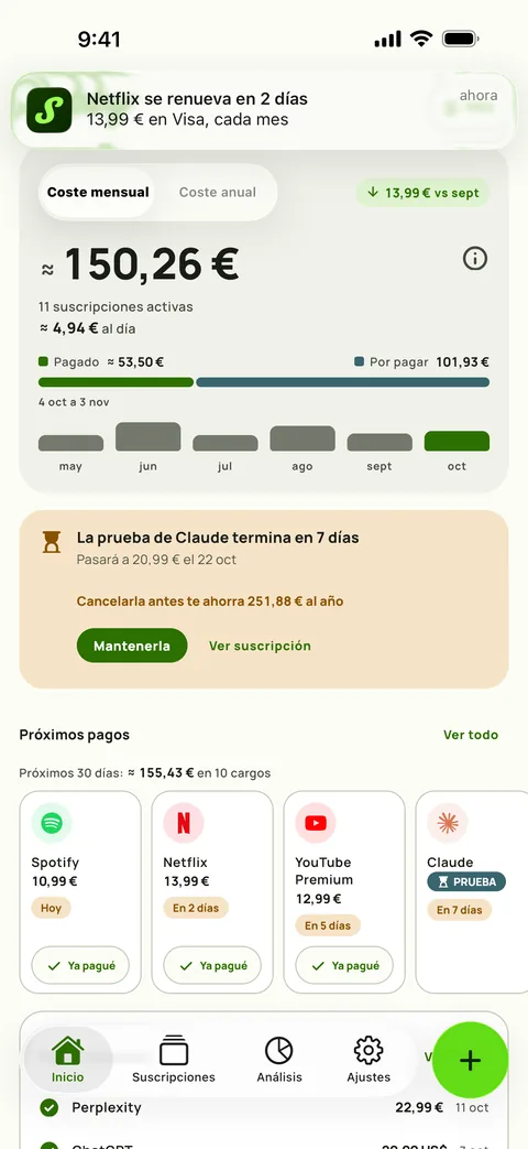 Un recordatorio de Subby en iPhone que dice Netflix se renueva en 2 días, 15,49 € con Visa, cada mes