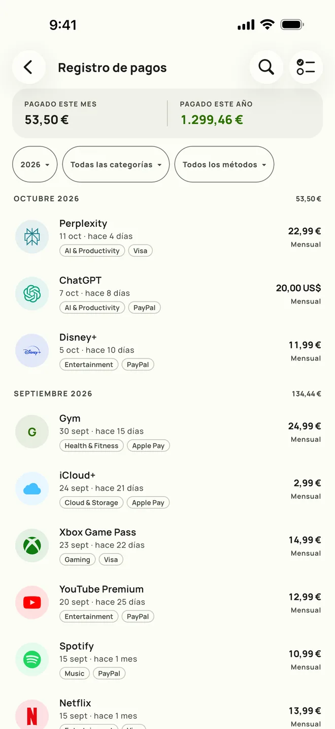 Registro de pagos de Subby: historial completo con totales mensuales, en iPhone