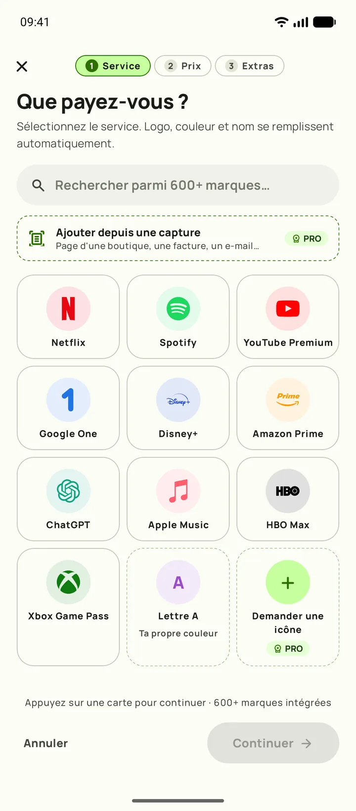 Ajout d'un abonnement dans Subby, première étape : choisir le service, sur Android