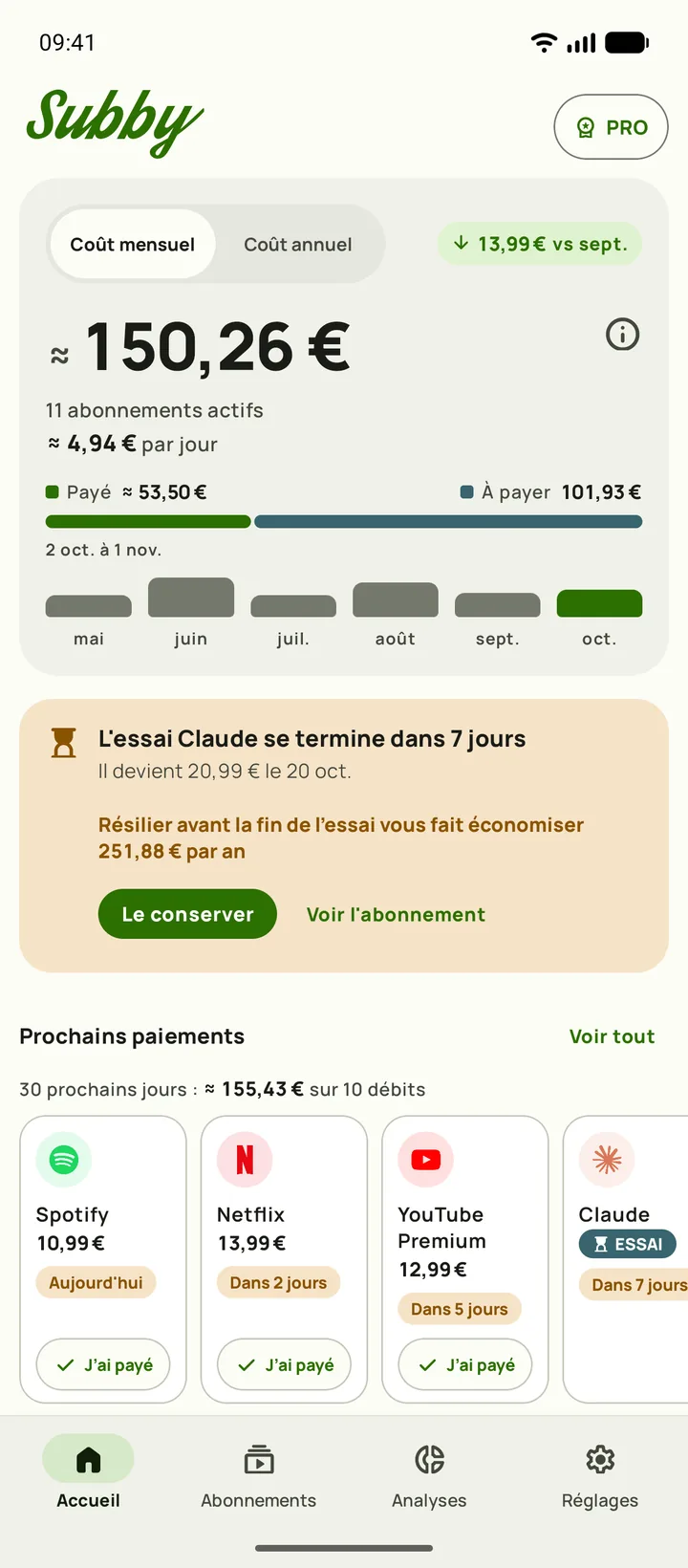 L'écran d'accueil de Subby sur Android, avec le coût du mois ({monthly}), soit {daily} par jour, le payé et le reste à payer, une carte d'essai et les prochains paiements