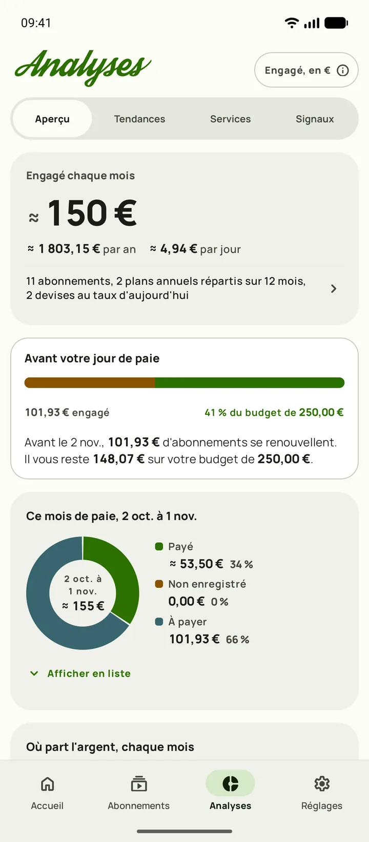 Les Analyses sur Android, ouvertes sur Aperçu : {monthly} engagés chaque mois, {yearly} par an, et ce qu'il reste du budget avant la paie