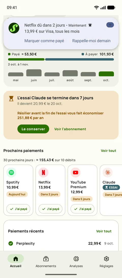 Un rappel Subby sur Android : Netflix se renouvelle dans 2 jours, {monthly} sur Visa, chaque mois, avec les boutons Marquer comme payé et Me le rappeler demain