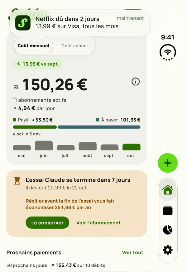 Un rappel Subby sur l'écran extérieur d'un iPhone Duo replié : Netflix se renouvelle dans 2 jours, {monthly} sur Visa, chaque mois