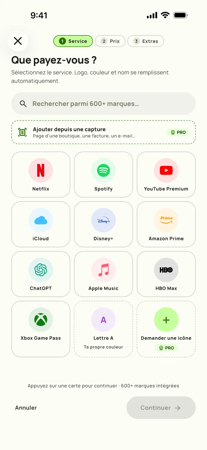 Ajout d'un abonnement dans Subby, première étape : choisir le service, sur iPhone