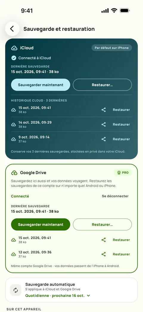 L'écran Sauvegarde et restauration de Subby, avec la sauvegarde automatique réglée sur quotidienne et les trois dernières sauvegardes listées, sur iPhone