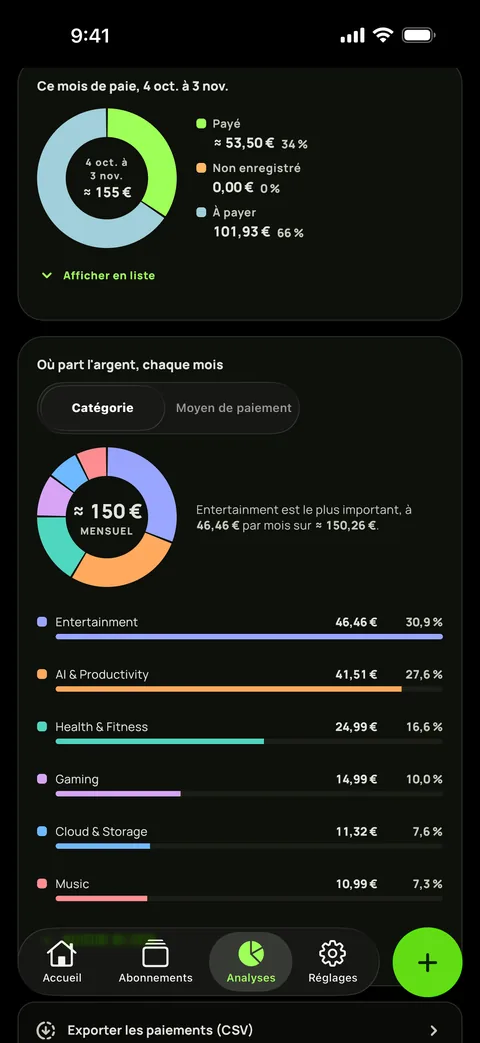 Les dépenses par catégorie en mode sombre, et l'export CSV, sur iPhone
