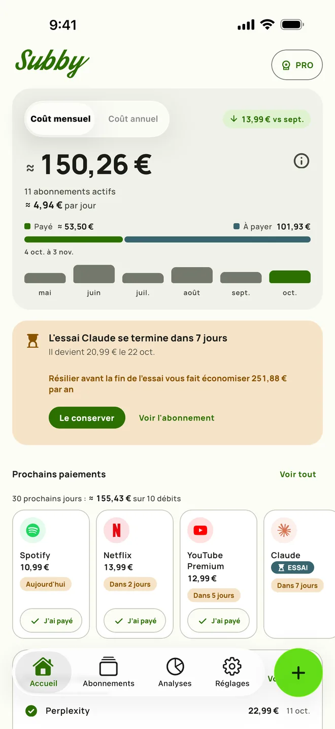 L'écran d'accueil de Subby sur iPhone