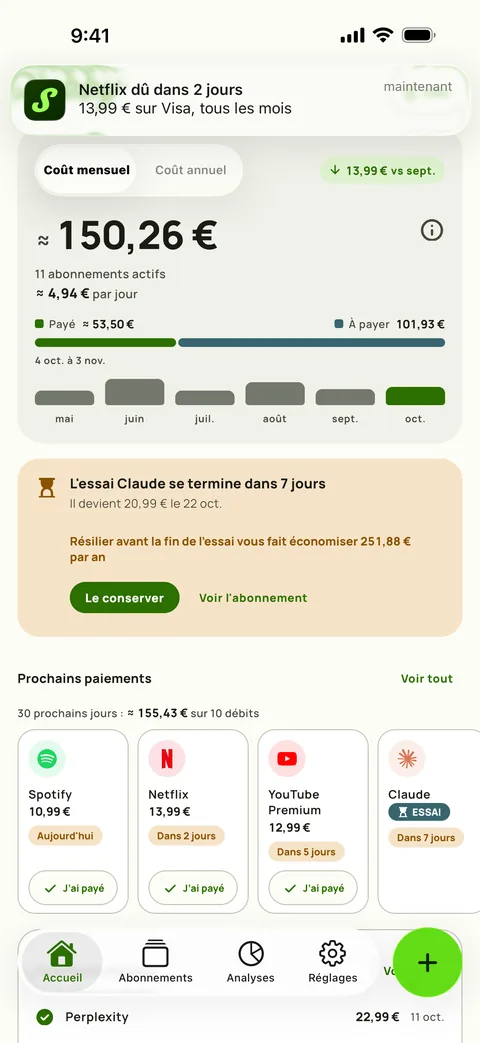 Un rappel Subby qui nomme le service, le montant, la carte et le cycle, avec Marquer comme payé sur la notification, sur iPhone