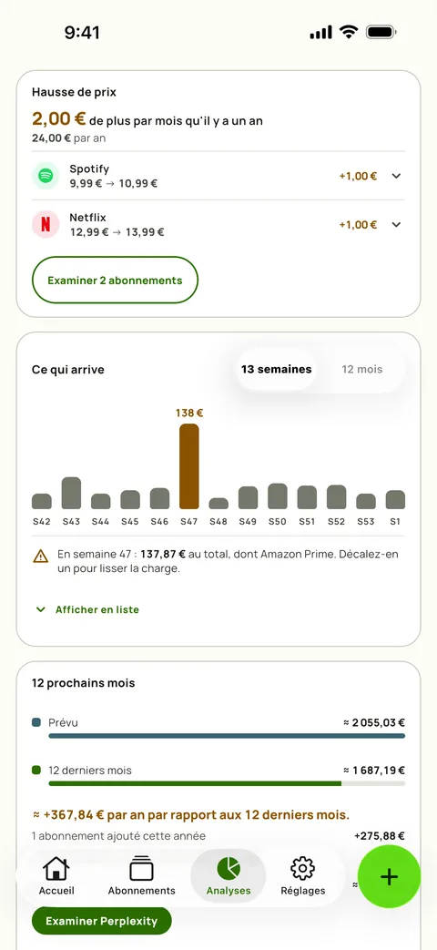 La carte Hausse de prix dans les Analyses de Subby : combien coûtent en plus, par mois, les mêmes services qu'il y a un an, avec Spotify et Netflix à leur ancien et nouveau prix, et un bouton Examiner au-dessus de la prévision à 13 semaines, sur iPhone