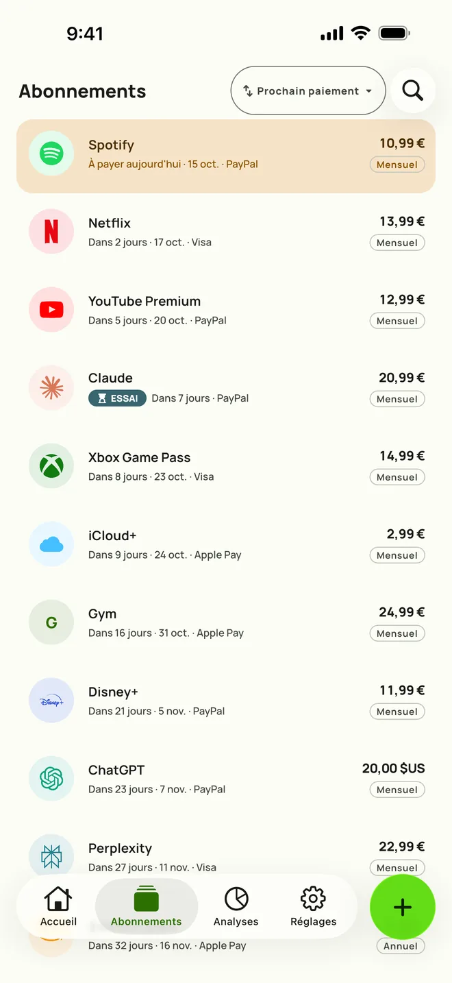 L'onglet Abonnements de Subby sur iPhone, trié par prochain paiement : Spotify dû aujourd'hui, puis Netflix, YouTube Premium et un essai gratuit, chacun avec son prix et son cycle