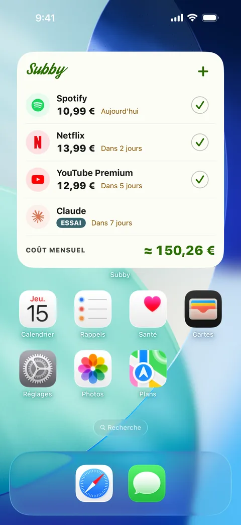 Le widget Subby listant les prochains paiements, un essai gratuit marqué ESSAI et le coût mensuel, sur iPhone
