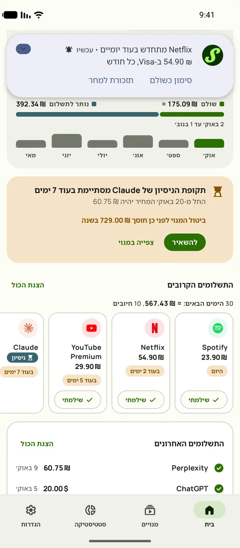 תזכורת עם הסכום, הכרטיס והמחזור, וסימון כשולם, ב-Android