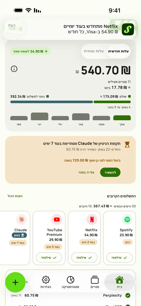 תזכורת עם הסכום, הכרטיס והמחזור, וסימון כשולם, ב-iPhone
