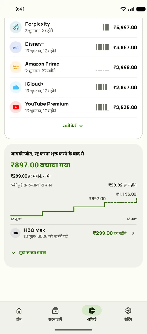 हर सर्विस पर अब तक का खर्च, और जीत, Android पर