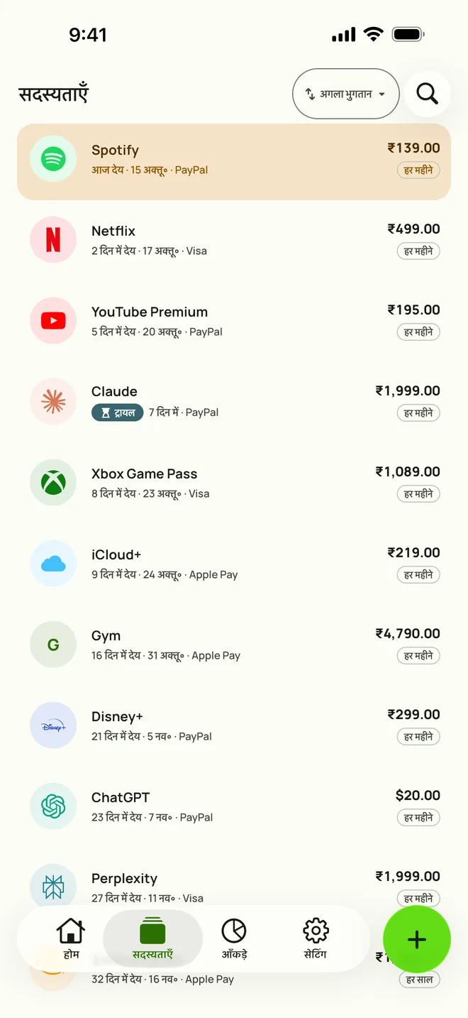 iPhone पर Subby का सदस्यताएँ टैब, अगले भुगतान के क्रम में: आज देय Spotify, फिर Netflix, YouTube Premium और एक फ़्री ट्रायल, हर एक अपनी कीमत और साइकल के साथ