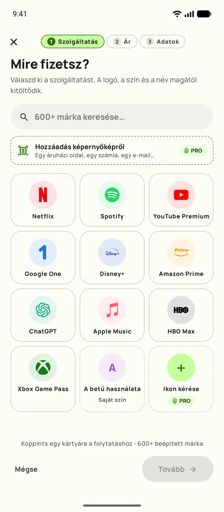 Előfizetés hozzáadása a Subbyban: első lépés, a szolgáltatás kiválasztása, Android készüléken