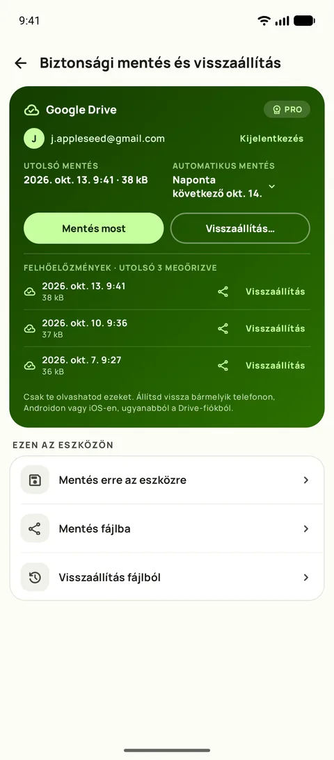 Biztonsági mentés és visszaállítás az ütemezéssel és az utolsó három mentéssel, Android készüléken