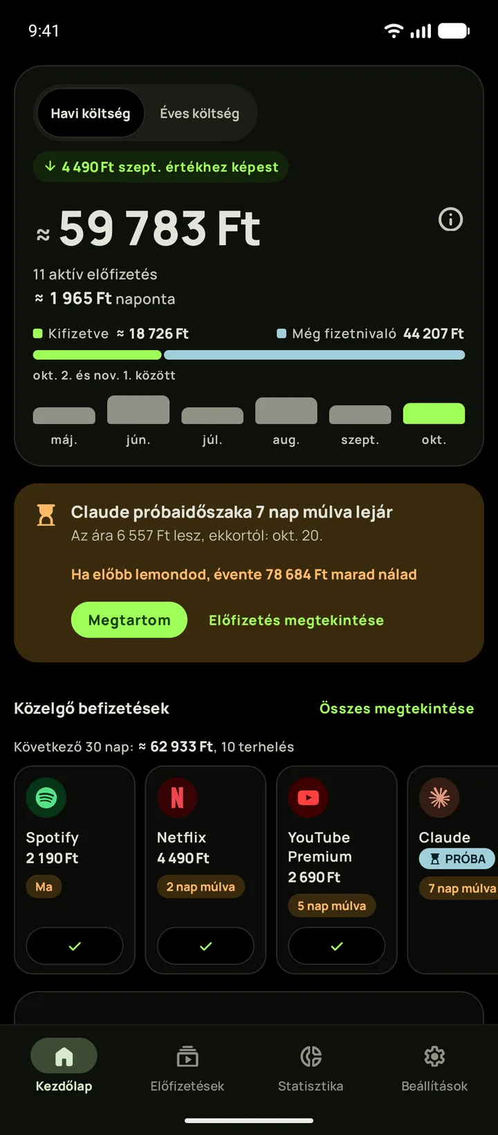 A Subby Kezdőlapja sötét módban, havi összeggel és közelgő befizetésekkel, Android készüléken