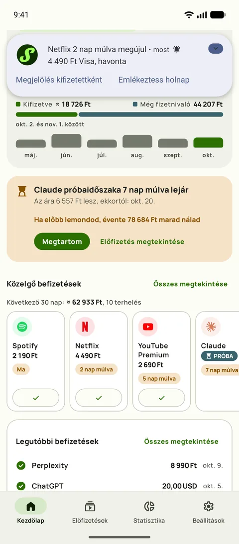 Emlékeztető az összeggel, kártyával és ciklussal, és a Megjelölés kifizetettként gombbal, Android készüléken