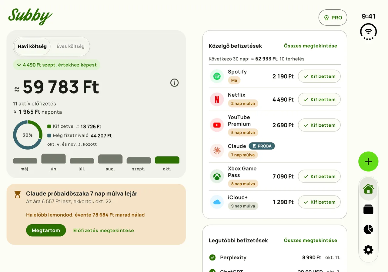 A Subby Kezdőlapja egy kinyitott iPhone Duón: az összeg az egyik panelen, a befizetések a másikon
