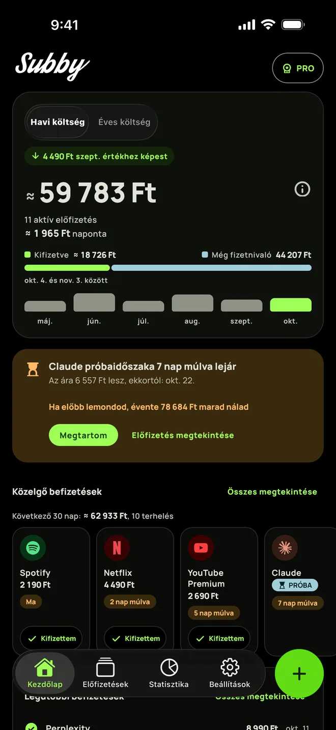 A Subby Kezdőlapja sötét módban, havi összeggel és közelgő befizetésekkel, iPhone készüléken