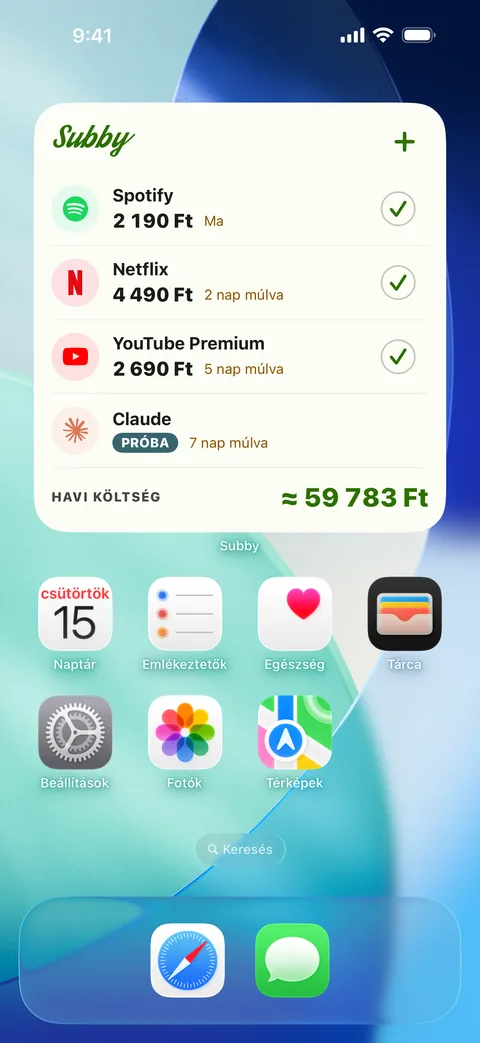 A kezdőképernyő-widget a közelgő befizetésekkel, iPhone készüléken