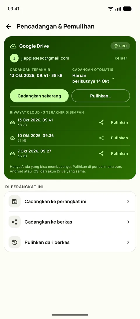 Pencadangan dan pemulihan, dengan jadwal dan tiga pencadangan terakhir, di Android