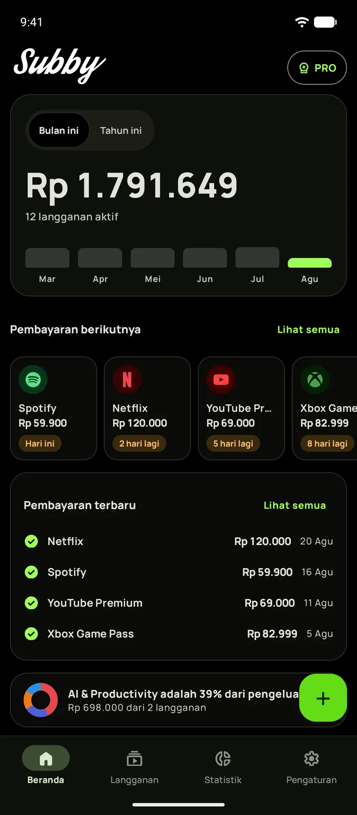 Layar utama Subby dalam mode gelap hitam pekat