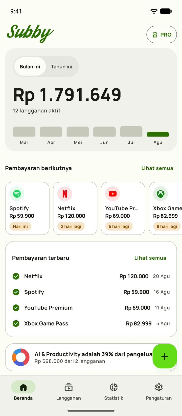 Beranda Subby dengan total bulanan, biaya per hari, jumlah yang sudah dibayar, sisa pembayaran, dan pembayaran berikutnya, di Android