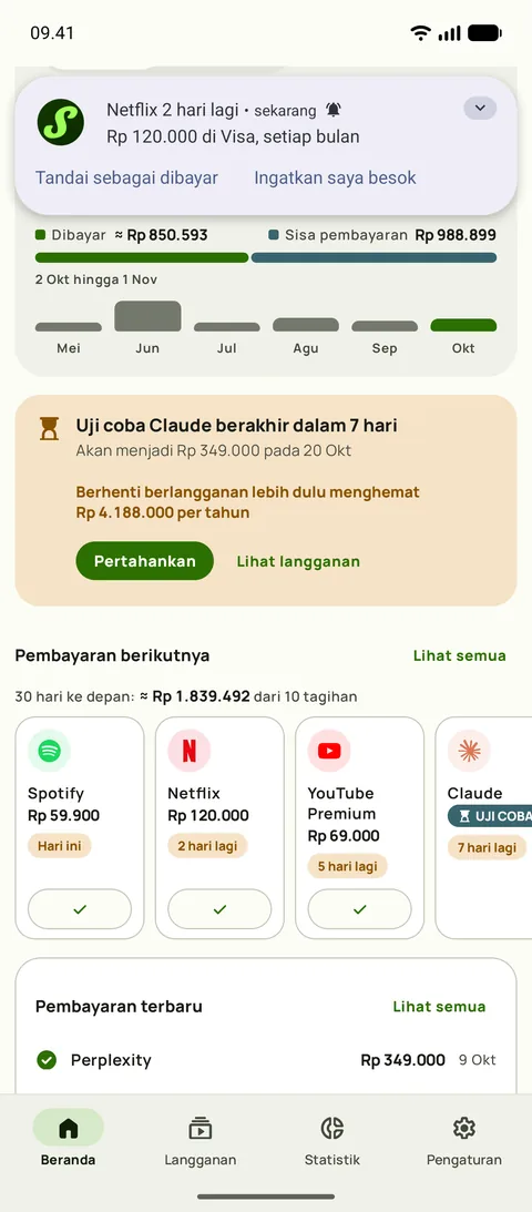 Pengingat dengan jumlah, kartu, dan siklus, plus tombol Tandai sebagai dibayar, di Android