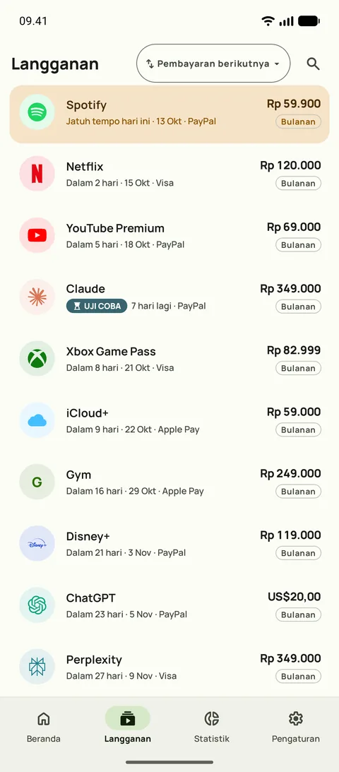 Langganan diurutkan menurut pembayaran berikutnya, lengkap dengan harga, siklus, dan kartu, di Android