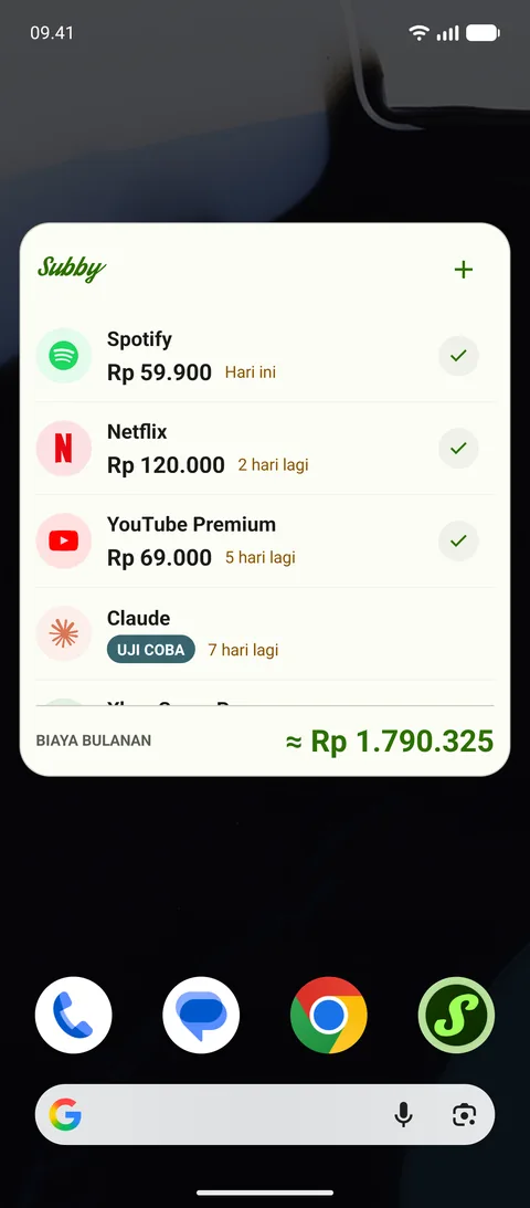 Widget layar utama dengan pembayaran berikutnya, di Android