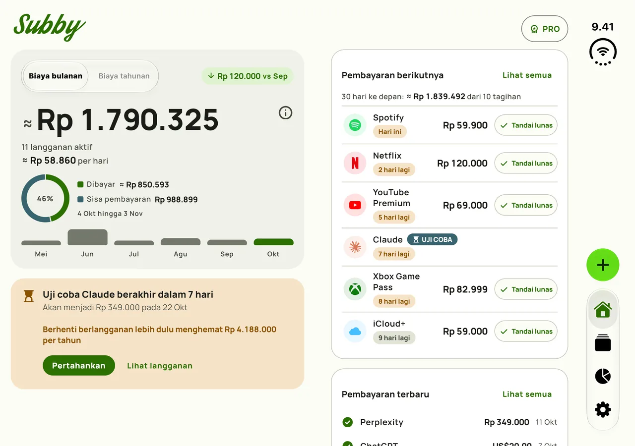 Subby Beranda di iPhone Duo terbuka, total di satu panel dan pembayaran di panel lain