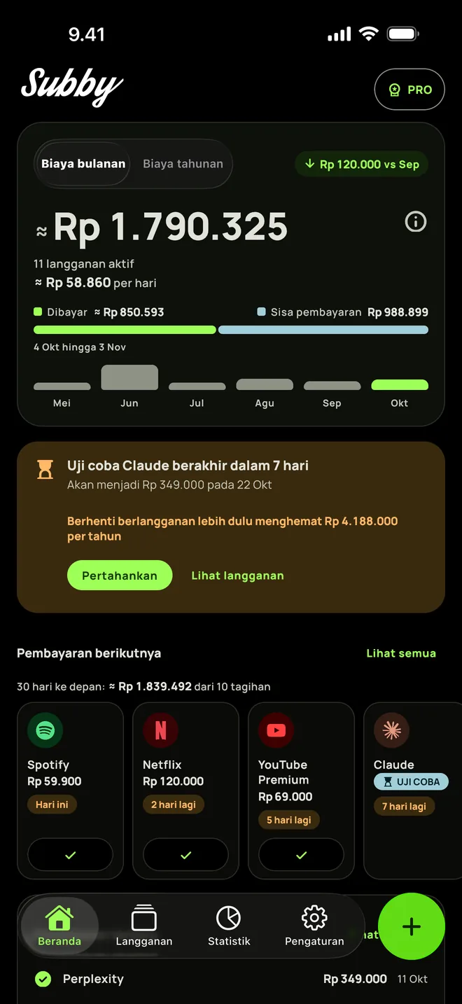 Beranda Subby dalam mode gelap dengan total bulanan dan pembayaran berikutnya, di iPhone