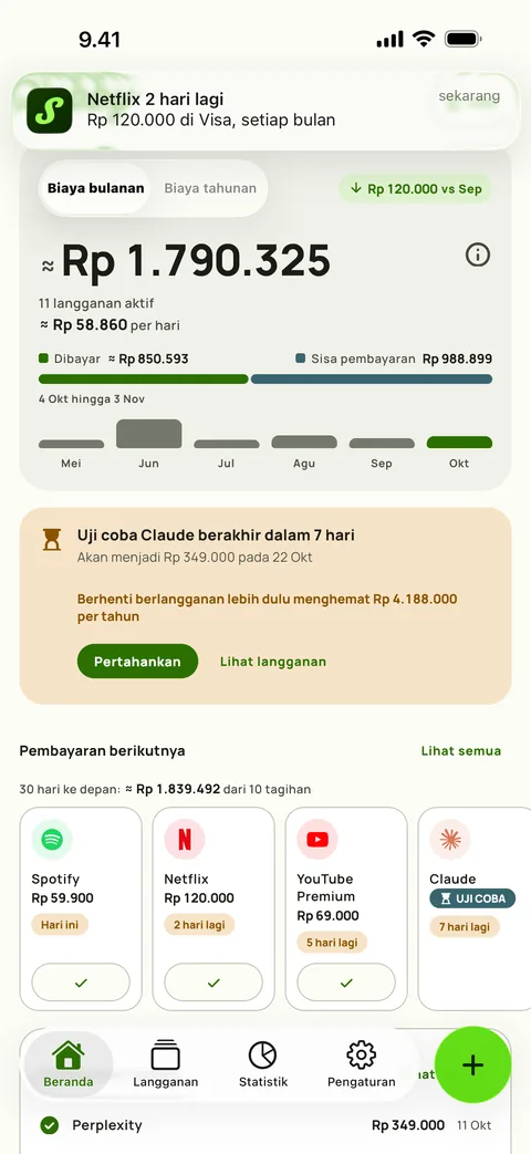 Pengingat dengan jumlah, kartu, dan siklus, plus tombol Tandai sebagai dibayar, di iPhone