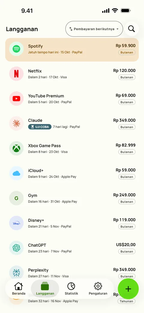 Langganan diurutkan menurut pembayaran berikutnya, lengkap dengan harga, siklus, dan kartu, di iPhone