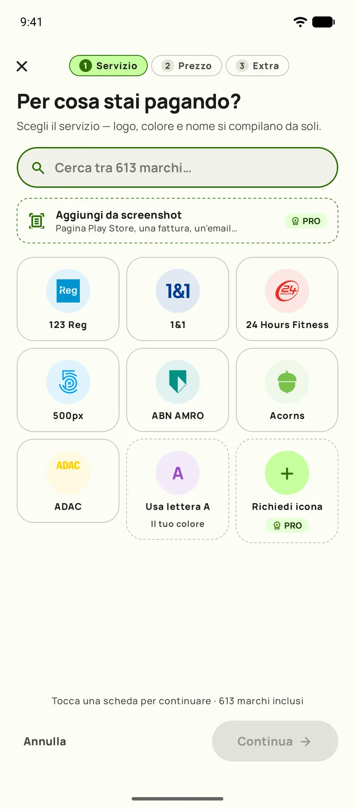 Aggiunta di un abbonamento in Subby. Primo passo, scegli il servizio, su Android