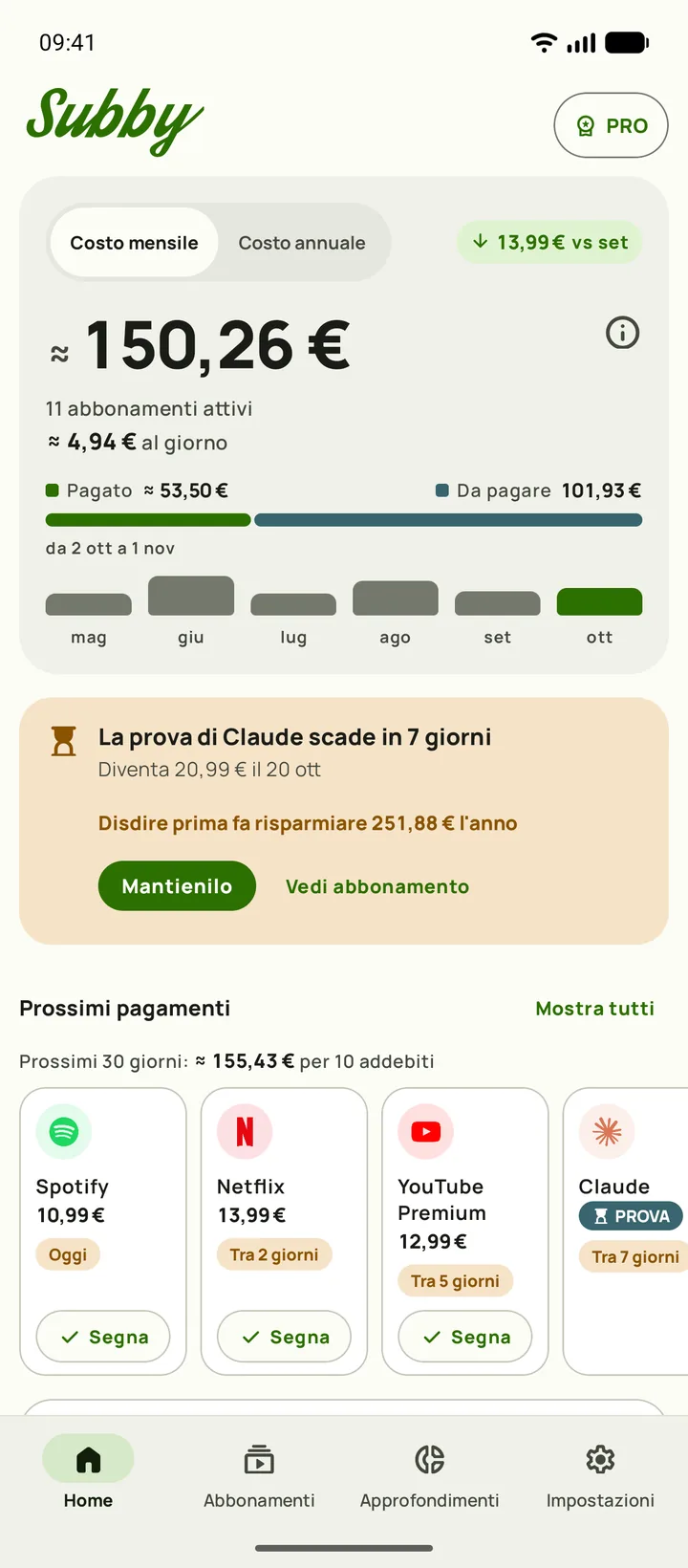 Home di Subby su Android, con il totale di questo mese di $165.35, $5.44 al giorno, pagato e da pagare, una card di prova e i prossimi pagamenti