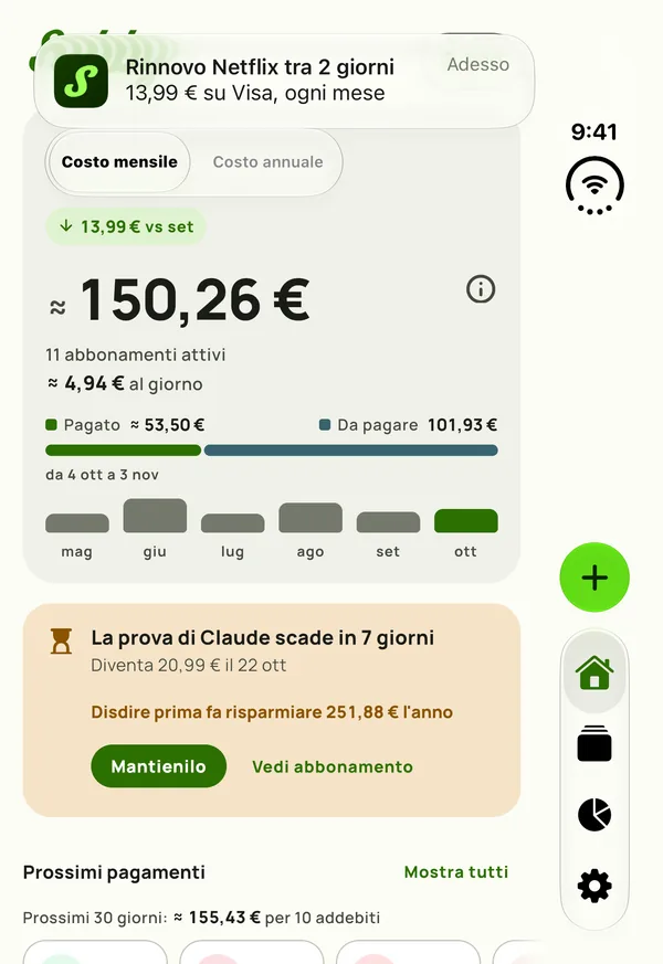 Un promemoria di Subby sul pannello esterno di un iPhone Duo chiuso che dice Netflix si rinnova tra 2 giorni, $15.49 su Visa, ogni mese