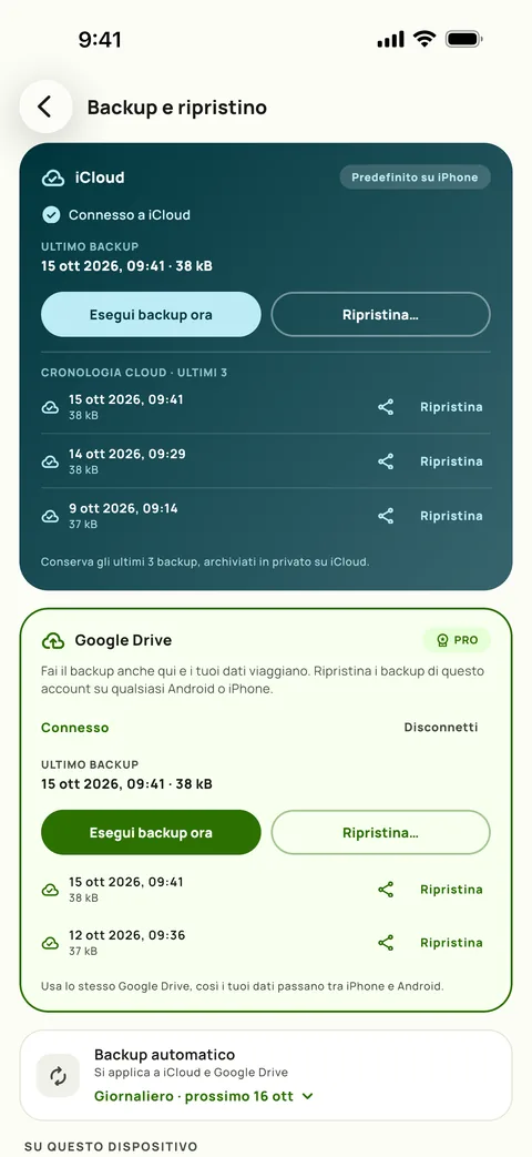 Backup e ripristino, con la pianificazione e gli ultimi tre backup, su iPhone