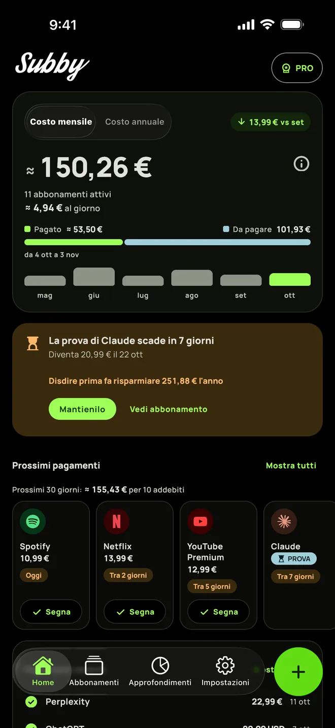 Home di Subby nel tema scuro con il totale mensile e prossimi pagamenti, su iPhone