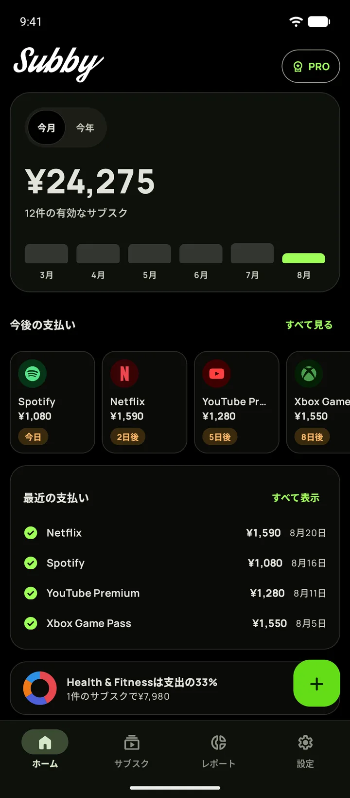ブラックのダークテーマで表示したAndroidのSubbyホーム。今月の合計$165.35、トライアルカード、次の支払い
