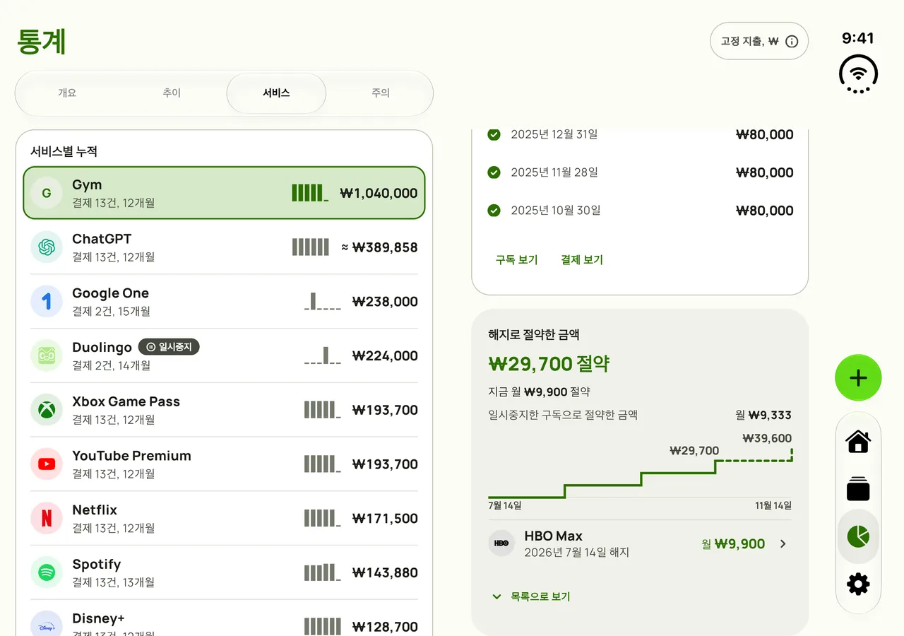 펼친 iPhone Duo의 통계 중 해지로 절약한 금액 화면. 해지와 일시중지로 지금까지 아낀 돈과 누적 합계가 두 화면에 걸쳐 보여요