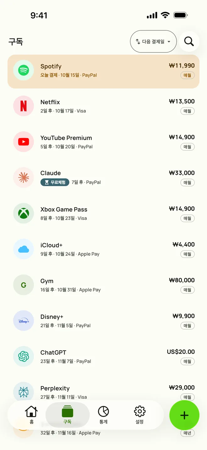 iPhone Subby의 구독 탭. 다음 결제 순으로 정렬되어 오늘 결제하는 Spotify, 그다음 Netflix, YouTube Premium, 무료체험이 가격과 주기와 함께 나와요
