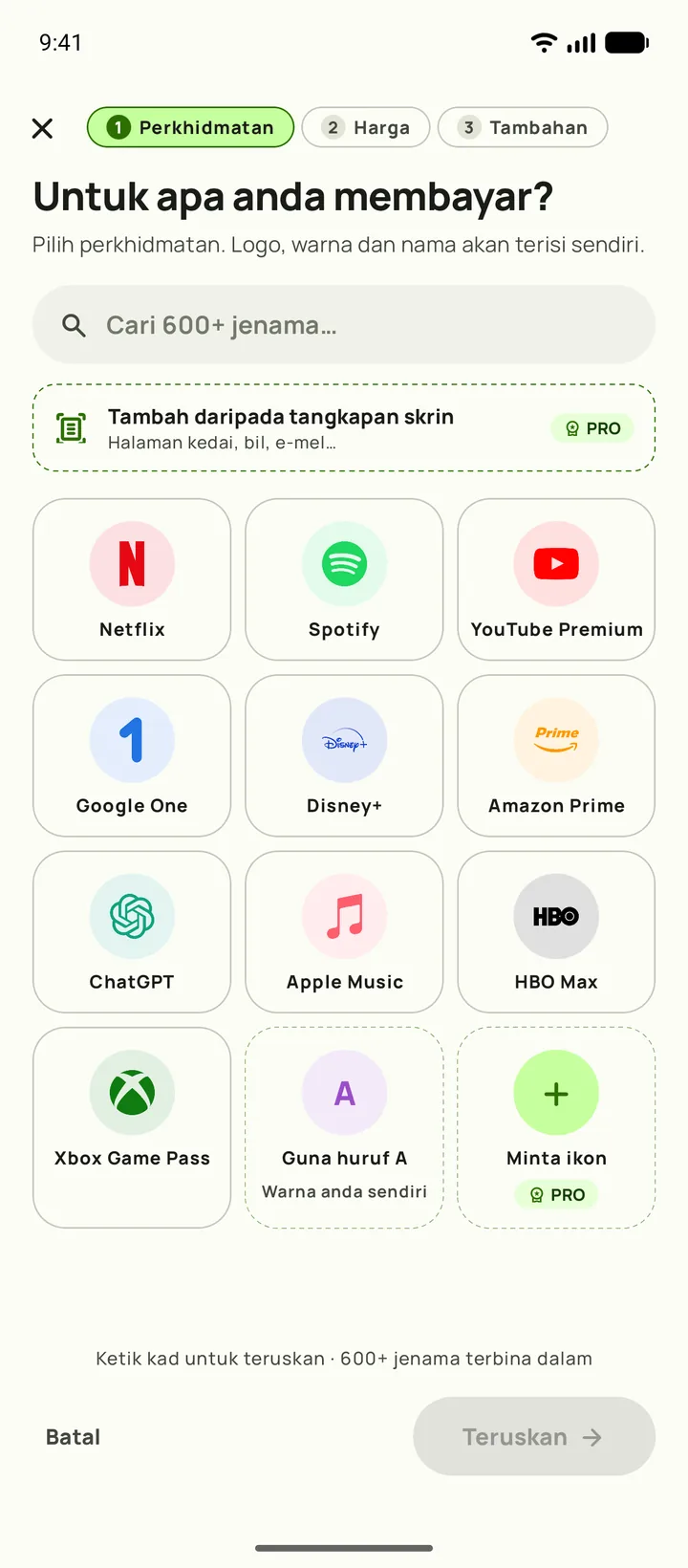 Menambah langganan dalam Subby. Langkah pertama: pilih perkhidmatan, pada Android